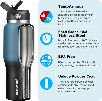 HYDROWION 32oz Stainless Steel Water Bottle(Cold for 48 Hrs, Hot for 24 Hrs),Double Wall Vacuum Insulated Water Bottle with Straw Lid, Spout Lid and Flex Cap, Fit in Any Car Cup Holder,Black