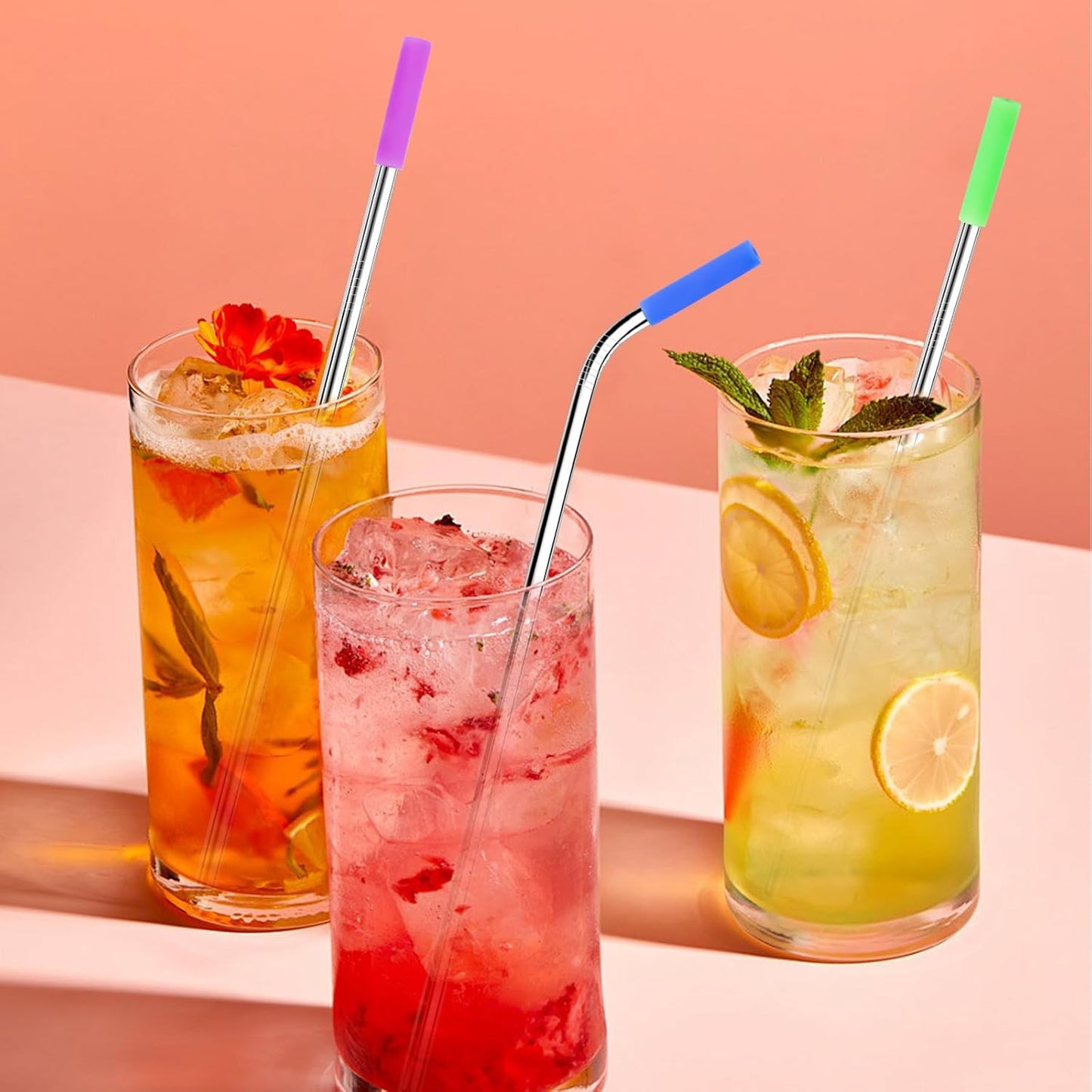 Lazycorner 16 Pcs Metal Straw Reusable 8.5" 10.5" 6mm Stainless Steel Straws for Tumblers 20oz-32oz, Rainbow Drinking Straws with Silicone Tips, 4 Straw Cleaner Brush, 1 Travel Case