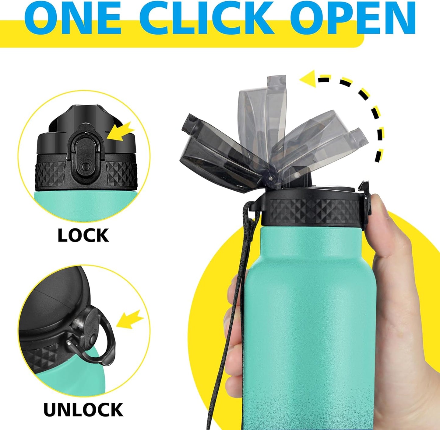 Han's Bottle Sports Water Bottle - 24 Oz, Straw Lid, Leak Proof, Vacuum Insulated Stainless Steel, Double Walled, Thermo Mug,Black
