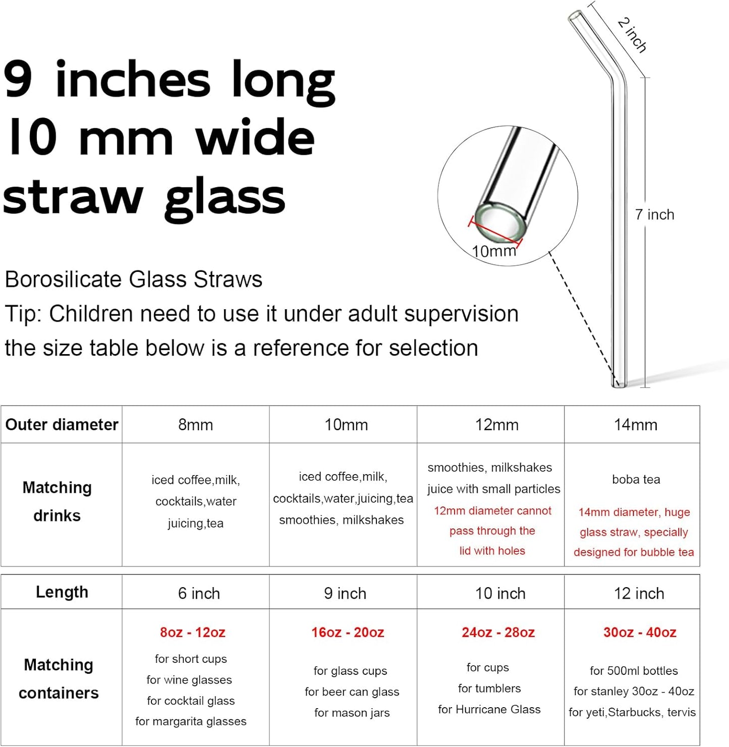 Reusable Glass Straws Shatter Resistant Clear, Skinny Glass Straw Bent Thin for 16 oz Cups Tumblers 9 inch 8mm