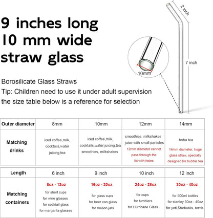 Reusable Glass Straws Shatter Resistant Clear, Skinny Glass Straw Bent Thin for 16 oz Cups Tumblers 9 inch 8mm