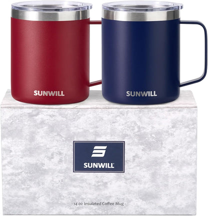SUNWILL Travel Coffee Mug with Lid, Insulated Tumbler with Handle, 14 oz Stainless Steel Cup for Ice, Water, Tea, Rose Gold