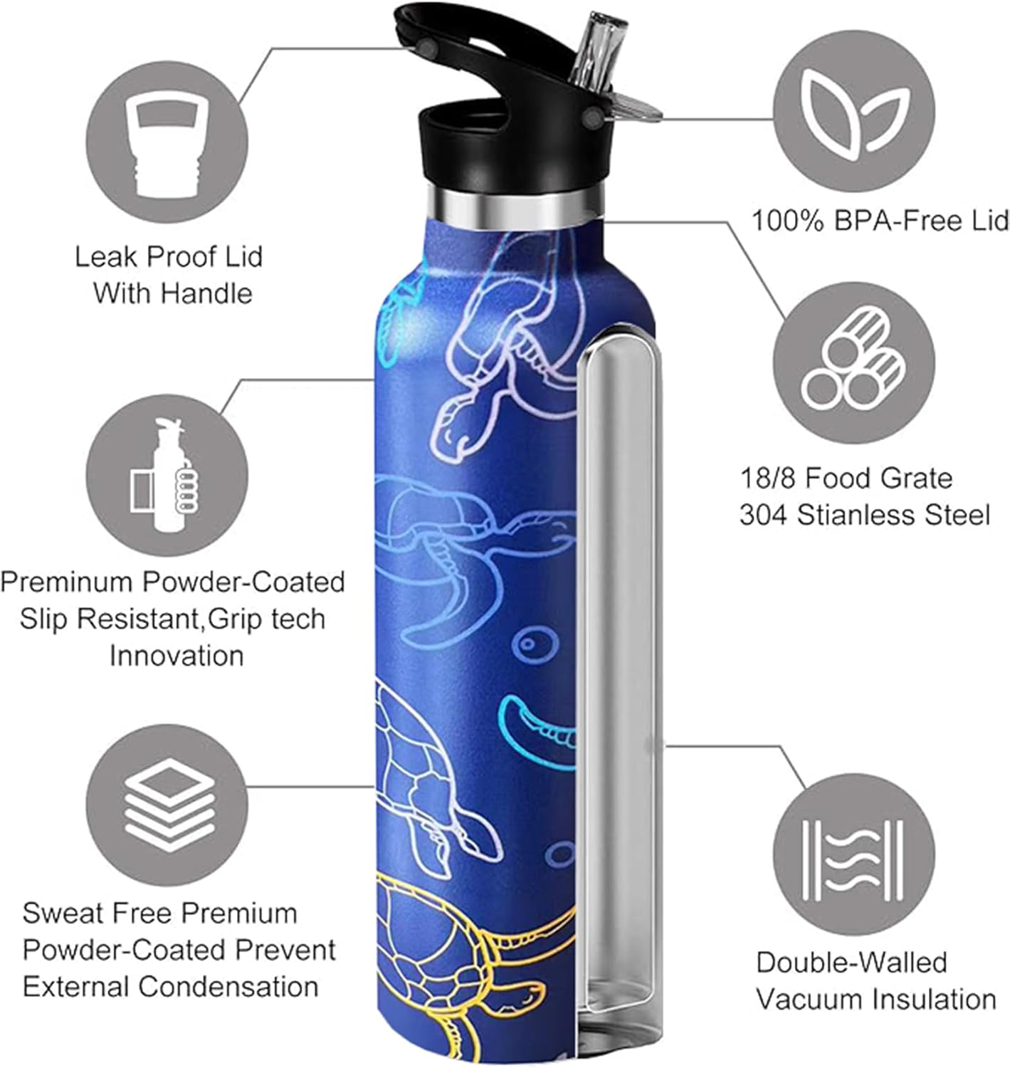 Pickleball Sport Water Bottle with Straw, Vacuum Insulated Stainless Steel Thermal Drinking Travel Mug Cups For Gym Fitness Camping-20oz/600ml