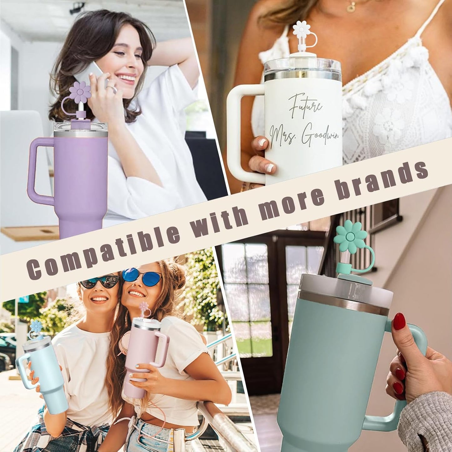 Flower Straw Covers Toppers for Stanley Cups 30&40 Oz Tumbler with Handle Accessories 4PCS Silicone Straw Caps Reusable Straws Tips Protectors for Stanley Cup 10mm 0.4in Straws,Off White