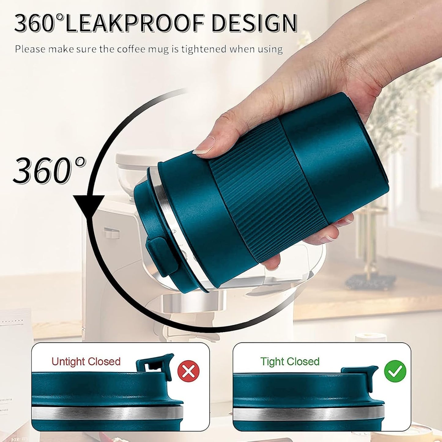 YINBAOGE Insulated Travel Coffee Mug, Spill & Leak Proof, Portable To Go Camping Stainless Steel Coffee Tumbler, Reusable Thermal Coffee Cup with Lid for Hot & Cold Drinks (Black, 12 OZ)