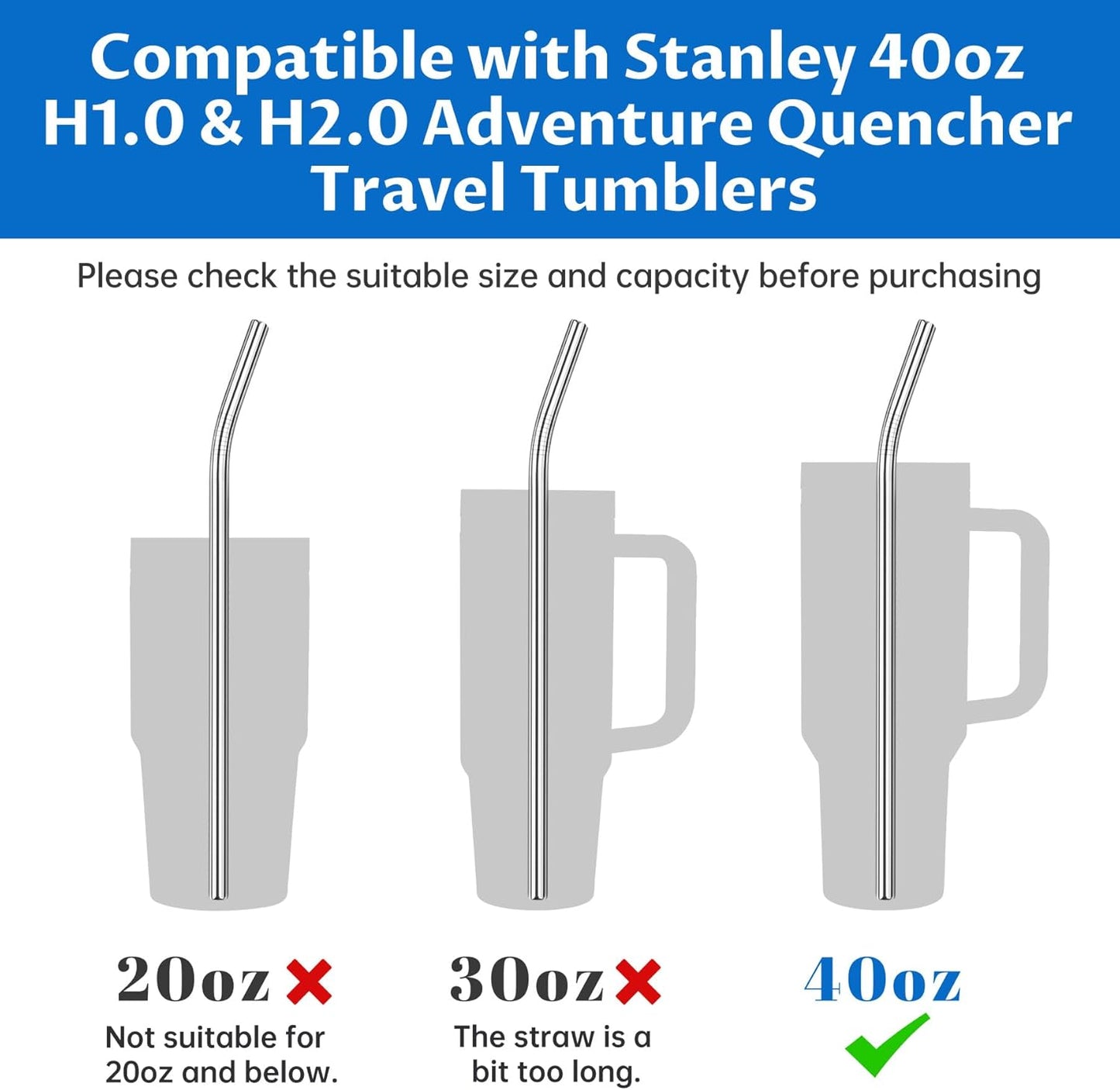 Tomorotec 8-Pack Stainless Steel Straws Fit for 40oz Stanley Tumblers, 12" Metal Straws Fit for Stanley Cup with 1 Brush, Reusable Drinking Straws for Smoothies, Milkshakes, Dishwasher Safe & BPA-Free