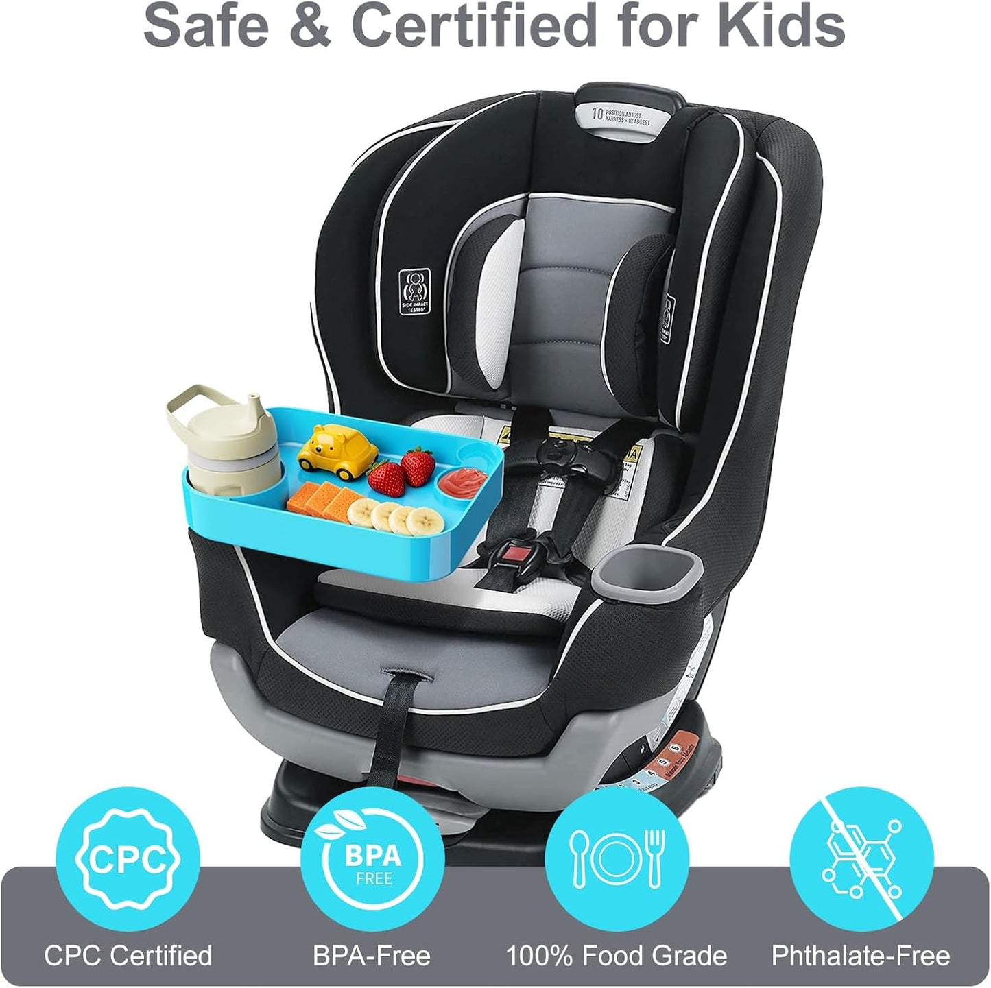 Car Seat Snack Tray for Toddlers - 3 Inch Cup Holder Fits Most Sippy Cups & Straw Bottles with Dip Well, Mess-Free Square Kids Travel Tray Road Trip Essentials, Black