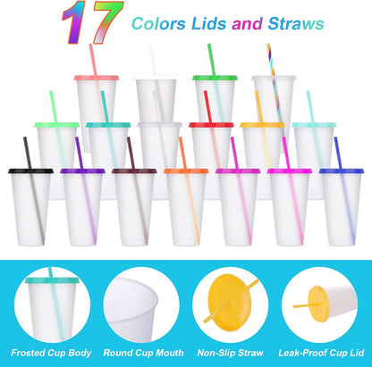 24 Pack Plastic Tumblers with Lids and Straw, Reusable Cups with Lids and Straws Colorful Cups for Cold Drink Iced Coffee, Plastic Tumbler Bulk for Party Birthday Gifts (24 oz, Stylish Colors)