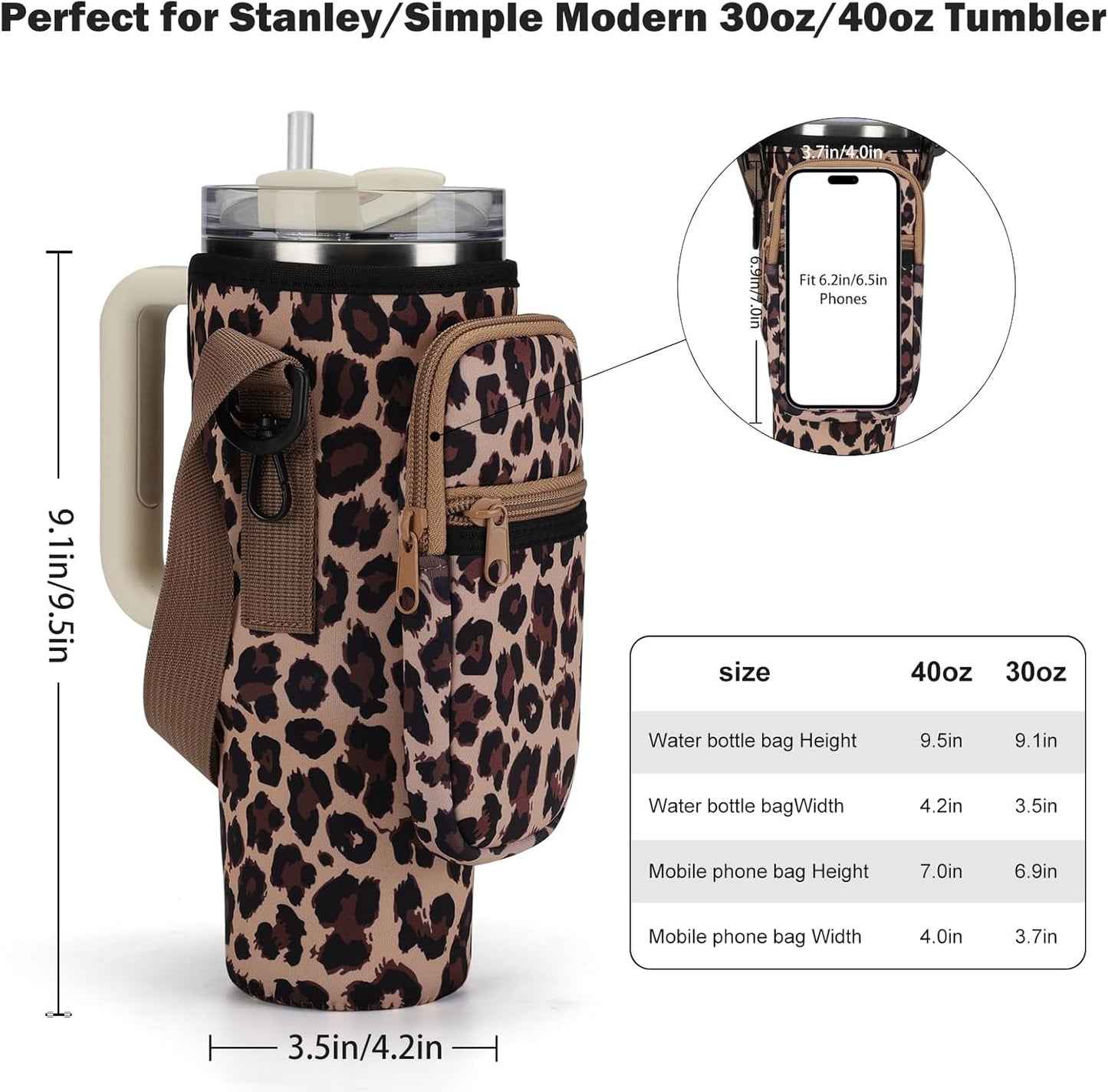 GOEWY Water Bottle Carrier Bag for Stanley 40/30 oz Tumbler with Phone Pocket Neoprene Water Bottle Holder with Shoulder & Handheld Strap Stanley Cup Accessories