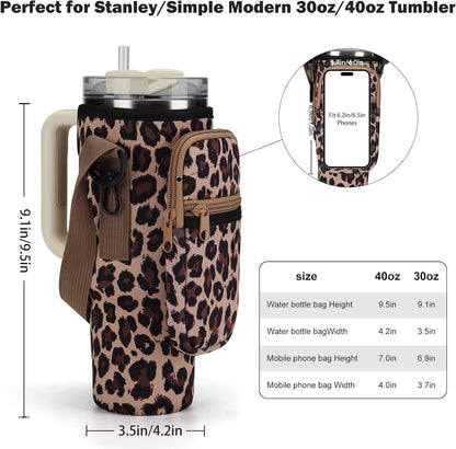 GOEWY Water Bottle Carrier Bag for Stanley 40/30 oz Tumbler with Phone Pocket Neoprene Water Bottle Holder with Shoulder & Handheld Strap Stanley Cup Accessories