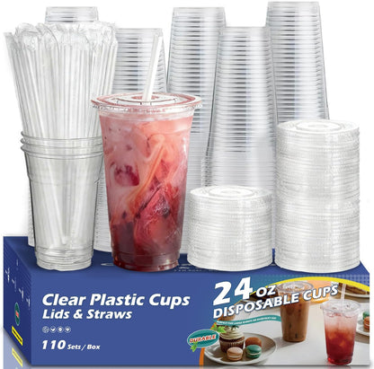 110 Pack Clear Plastic Cups with Lids and Straws, 16 oz Disposable Iced Coffee Cups To Go, BPA-Free Cold Drink Cups for Smoothie, Matcha, Parties, Party