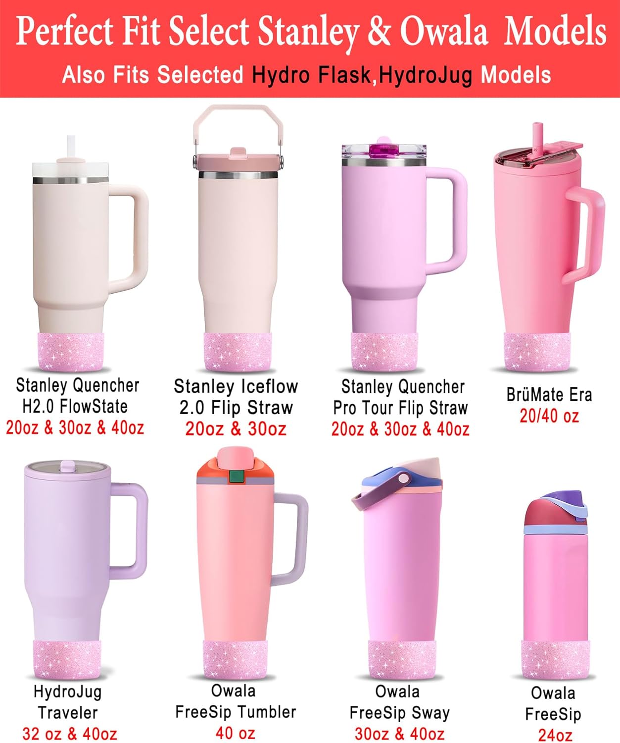 KTKUDY 2 PCS Glitter Silicone Boot Compatible with Stanley Tumbler 20 30 40 oz & Fits Hydro Flask Water Bottle 12-24oz & Fits Yeti, Simple Modern, Owala Cup - Bling Cup Bottom Protector Accessories