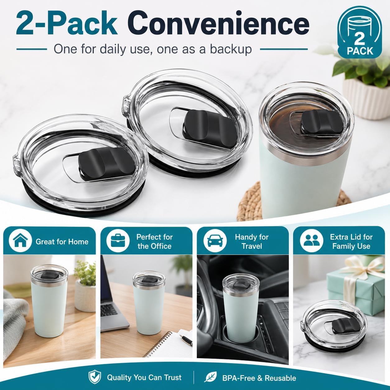 20 oz Tumbler Lids Compatible with YETI Rambler, 2 Pack Magnetic Slider Replacement Lids for 20 oz Tumbler, 10 oz Lowball, 10/24 oz Mug & 16 oz Pint, Spill-Resistant BPA-Free Cup Covers