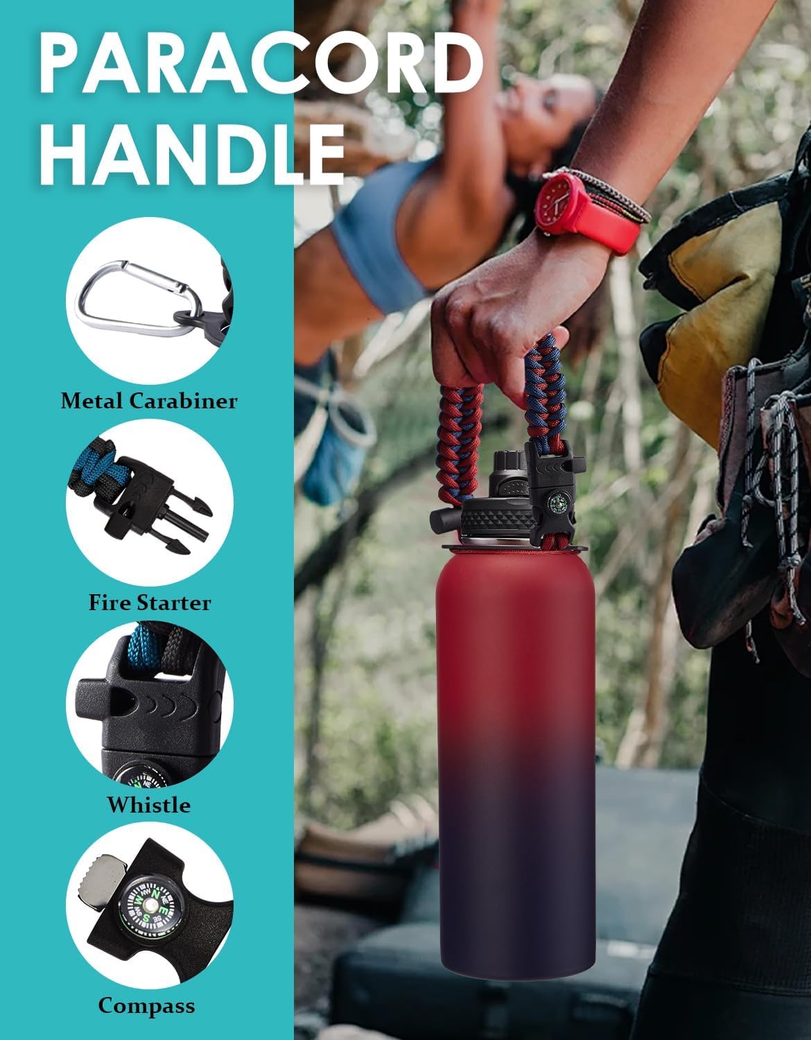32/40/64OZ Insulated Water Bottle - Keep Cold 48H Hot 24H, Combo Straw/Spout Lids, Paracord Handle for Gym/Hiking, Carrier Bag +Strap, Cup Mat, BPA-Free Stainless Steel Flask Jug