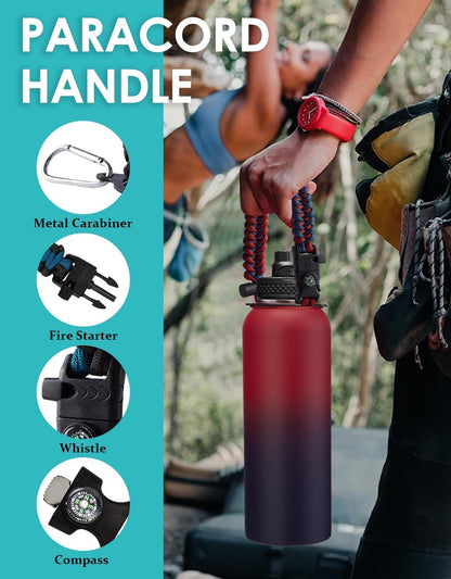 32/40/64OZ Insulated Water Bottle - Keep Cold 48H Hot 24H, Combo Straw/Spout Lids, Paracord Handle for Gym/Hiking, Carrier Bag +Strap, Cup Mat, BPA-Free Stainless Steel Flask Jug