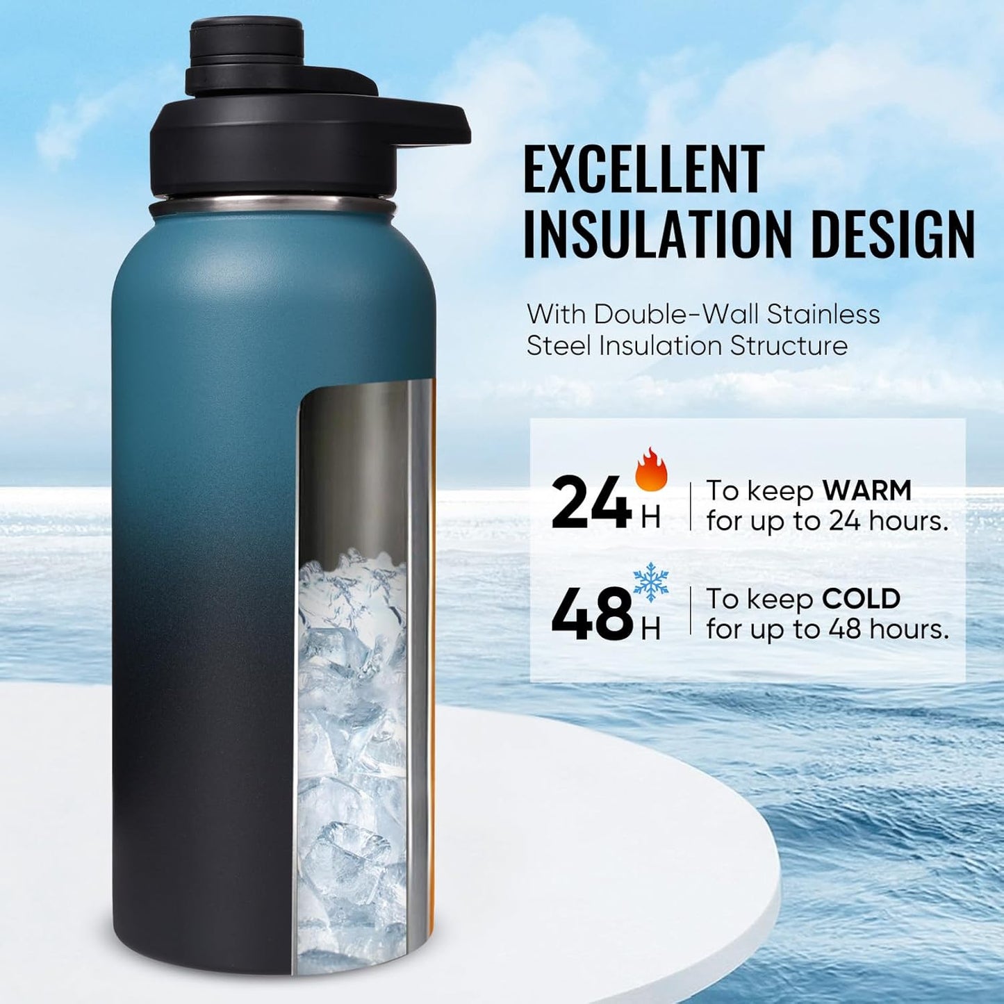 Fijinhom 24 oz Insulated Water Bottle with Handle, 304 Stainless Steel Water Bottles with Wide Mouth, Double Wall Vacuum Sports Water Bottle, BPA Free, Keep Cold and Hot, Black | with Handle