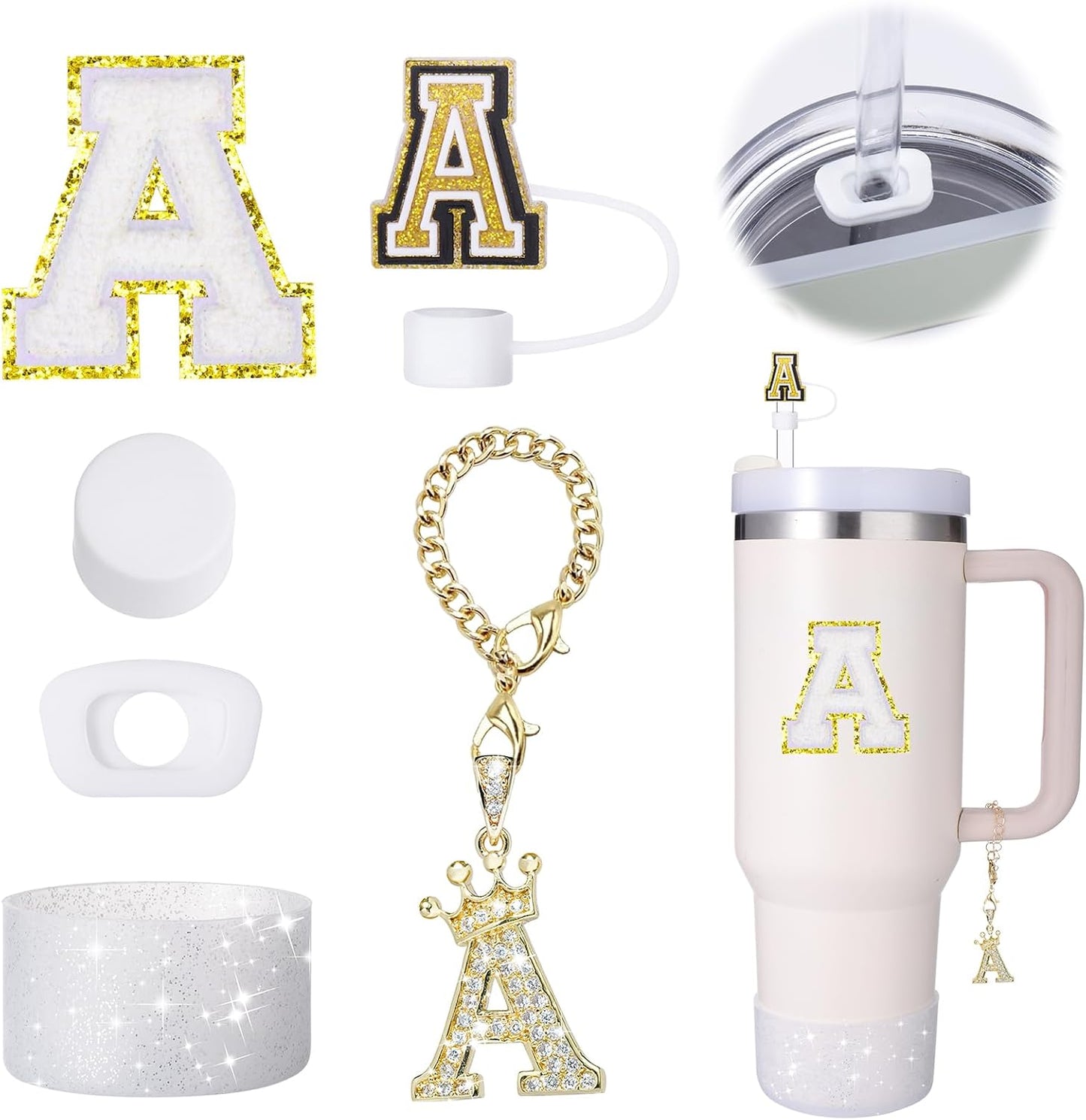 Mity Rain 6pc Cup Accessories Set for Stanley 30 oz & 40 oz Tumbler with Handle, Including Straw Cover Cap, Cup Initials Charm, Silicone Boot, Round & Square Spill Proof Stopper