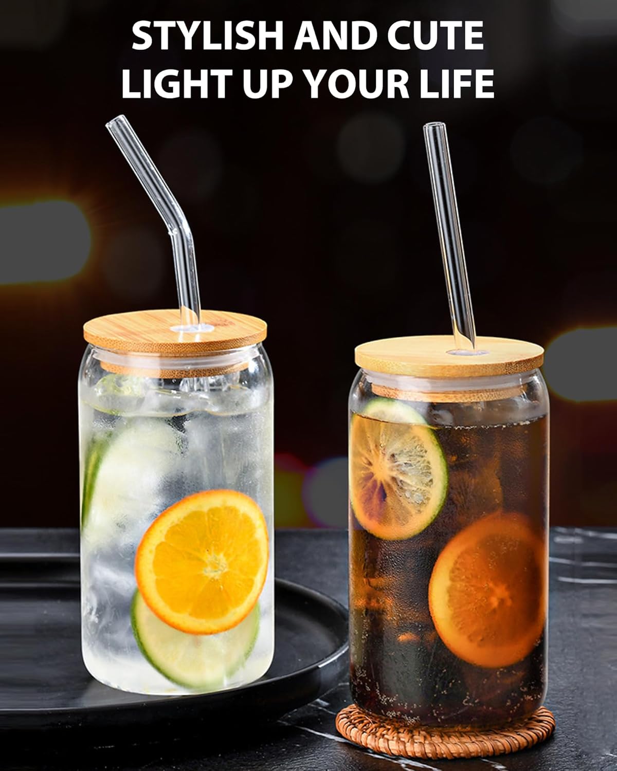 WISIMMALL Drinking Glasses with Bamboo Lids and Glass Straw 2PCS Set, 16oz Glass Cups with Lids and Straws, Beer, Iced Coffee Glasses, Soda, Gift 1 Cleaning Brushes
