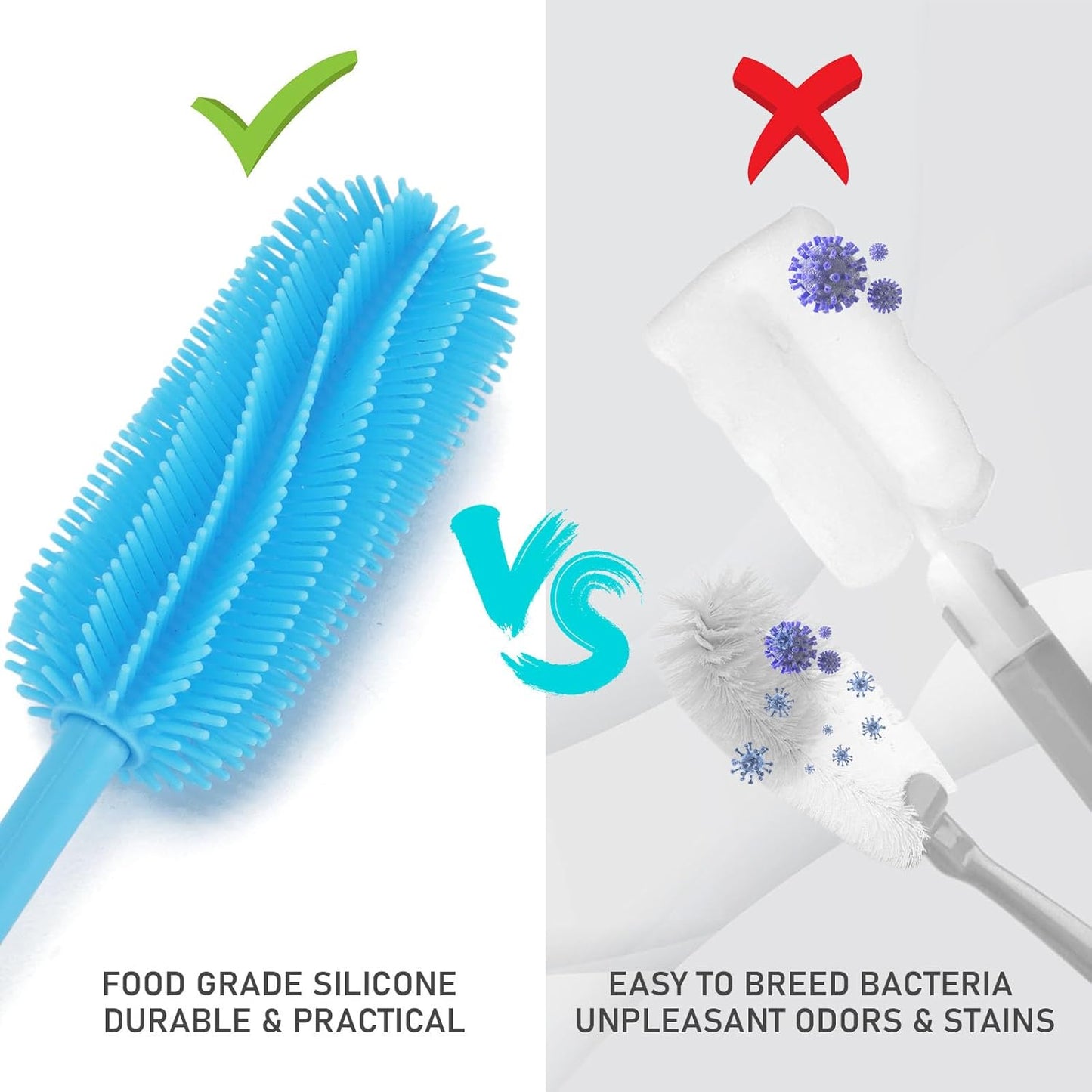 Silicone Bottle Cleaning Brush with Long Handle, 12.5" Water Bottle Cleaner for Baby Bottles, Hydro Flask, Sports Bottle, Vase, Glassware, Perfect for Smaller Diameter Bottle Openings (One Pack)