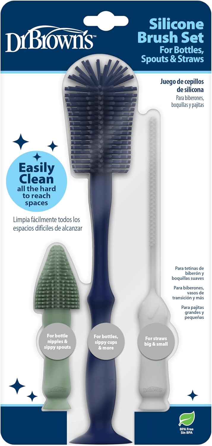Dr. Brown's Silicone Cleaning Brush Set with Bottle, Spout, and Straw Brush, 3 Brushes to Clean Baby Bottles, Spouts, Nipples, and Straws, BPA Free – 3-Pack