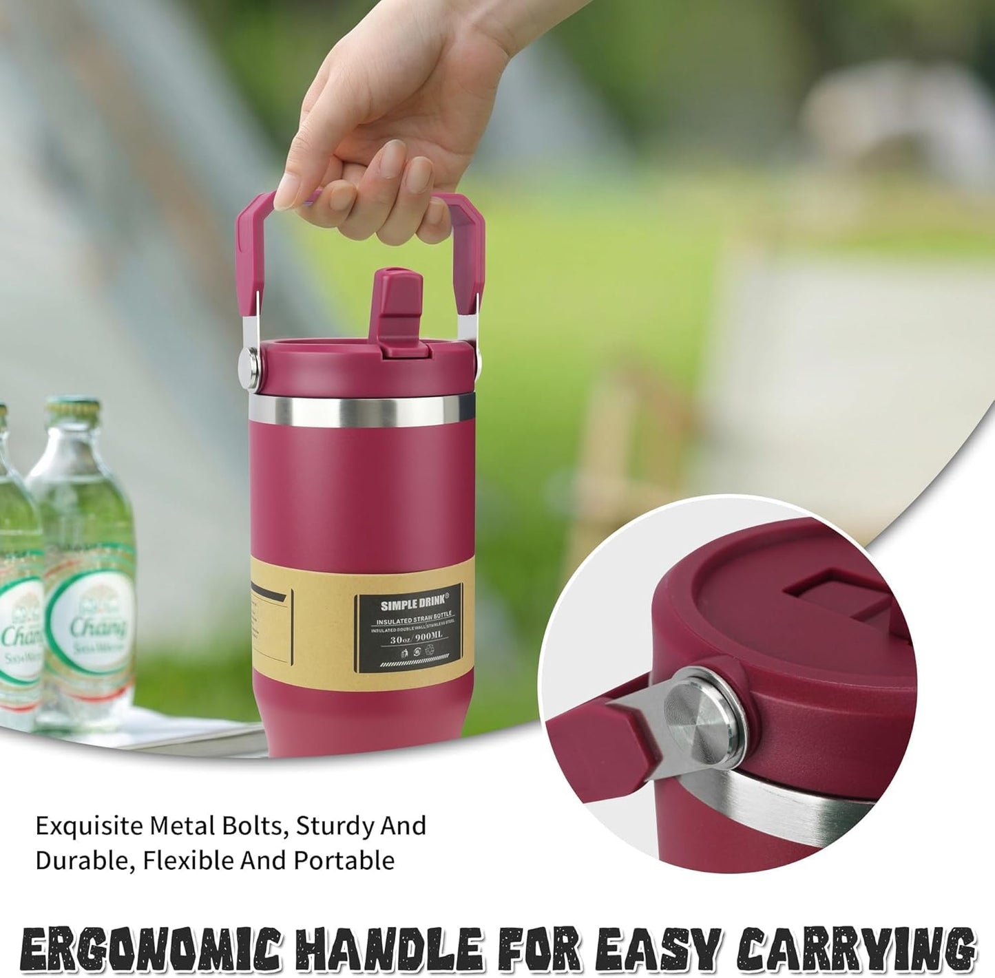 30oz Flip Straw Insulated Water Bottle with Handle, Leak Proof Stainless Steel Travel Tumbler With Lid, Double Wall Vacuum Iced Coffee Travel Mug, Sport Cup, Outside use