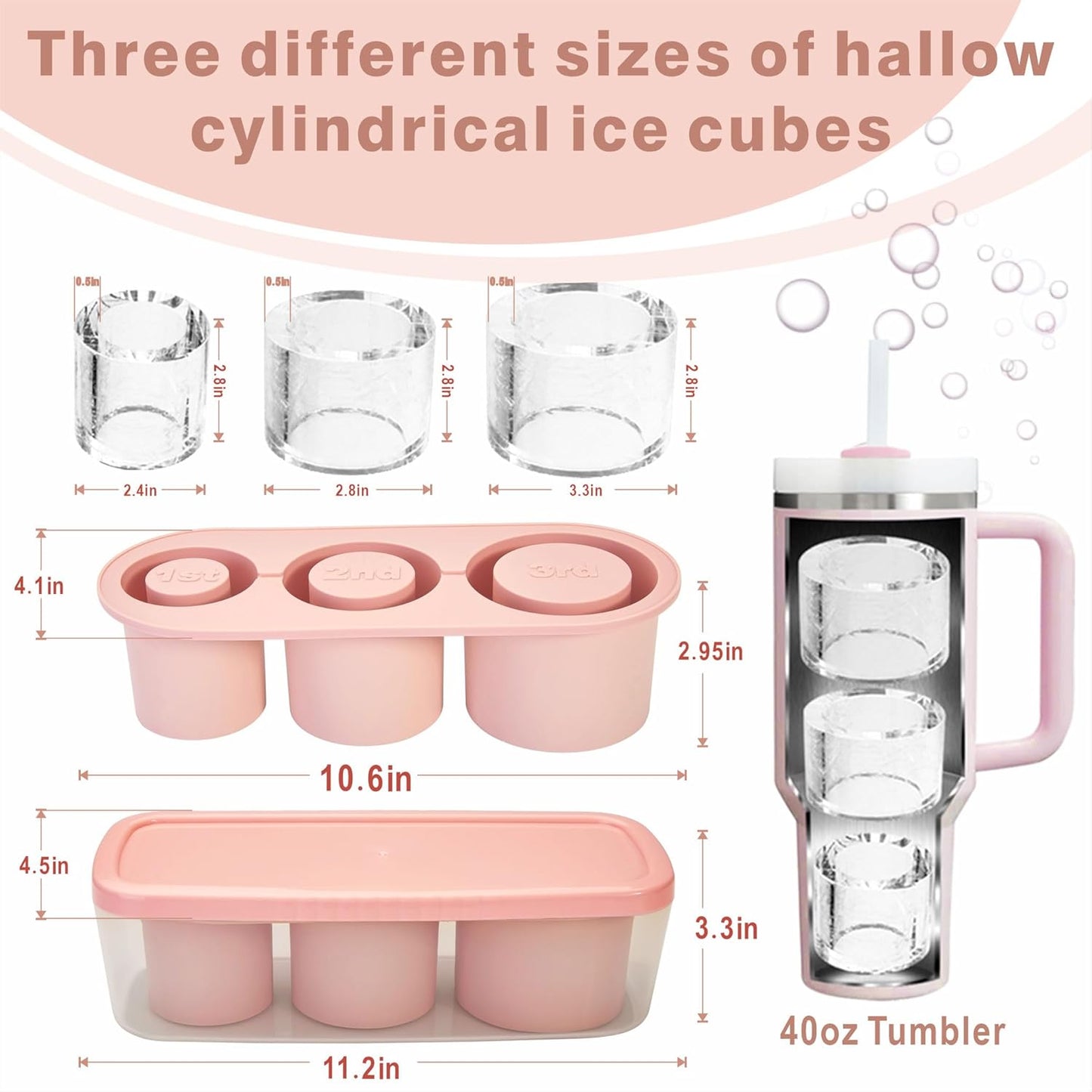 2pc Tumbler Ice Tray for Stanley/Yeti/Simple Modern etc. 30-40oz Tumblers, Silicone Ice Cube Tray for Tumblers with Bin and Lid, Black