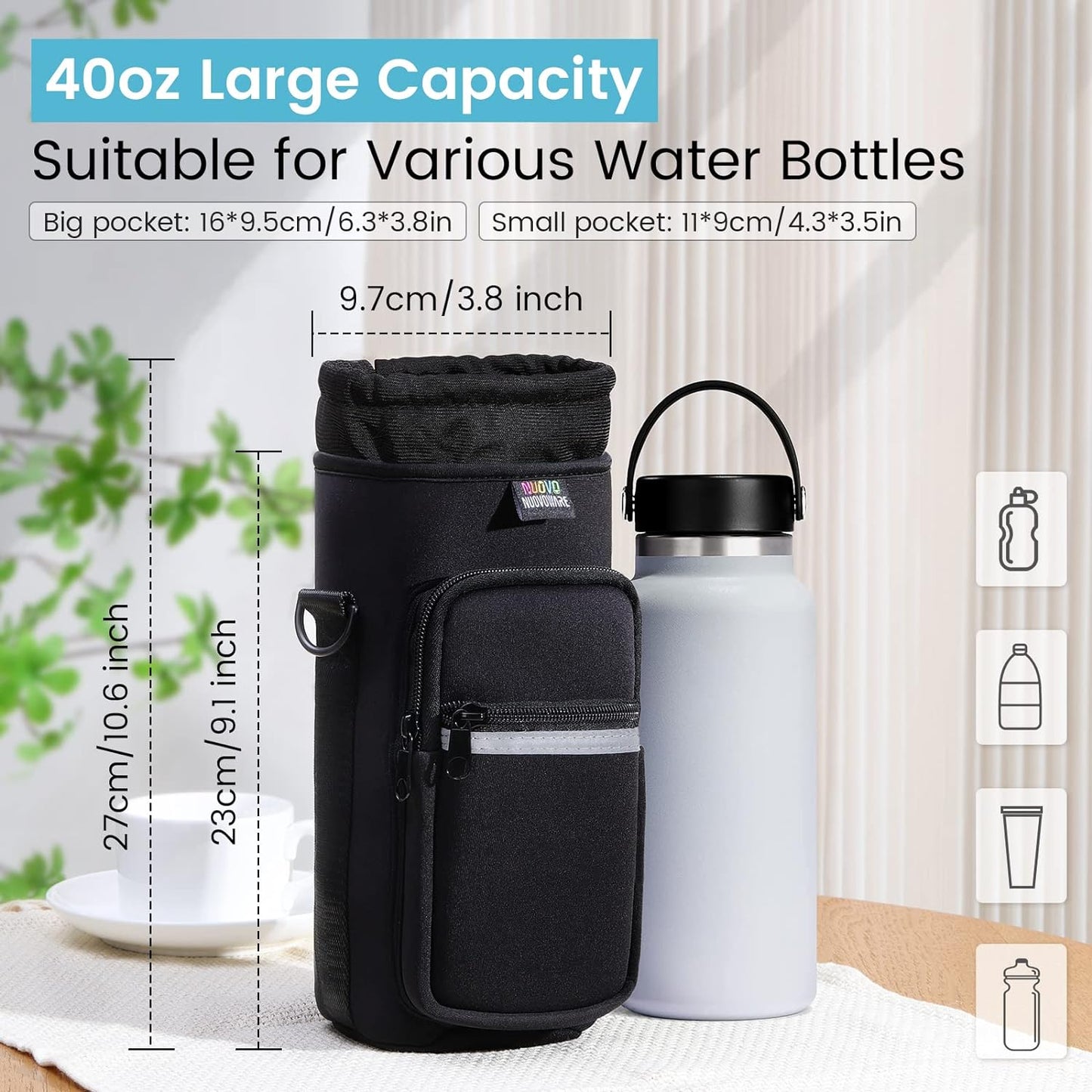 Nuovoware Water Bottle Carrier Bag,25oz/40oz/64oz Bottle Pouch Holder,Adjustable Shoulder Hand Strap 2 Pocket Sling Neoprene Sleeve Sports Accessories for Hiking Travelling Camping