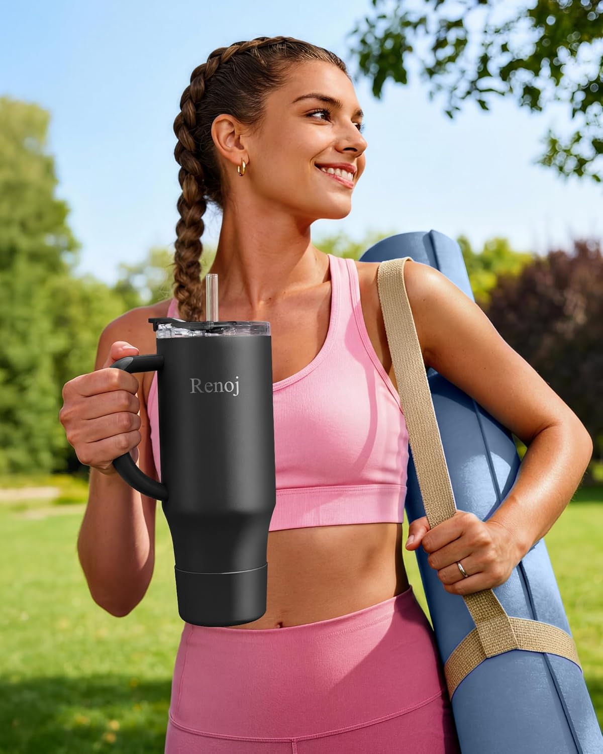 Renoj Insulated Mug 100% Leak Proof Insulated Water Bottle for Iced Coffee & Hot Drinks - Fits Car Cup Holder, Ideal Gift, 2 Straws & Silicone Boot - SnapShift Pink 32 oz