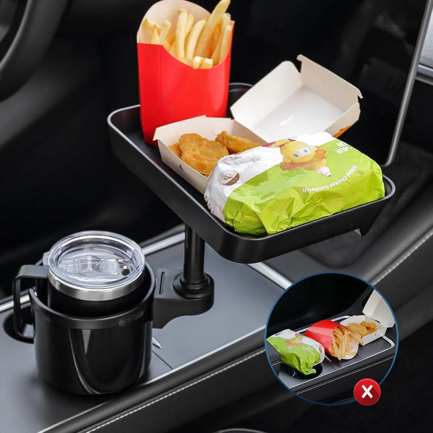 TYKOR Car Cup Holder Tray, Cup Holder Expander Adapter for Car, 9.5” Car Food Tray Table for Eating, Car Essentials Fits Yeti, Hydro Flask 16-46 oz