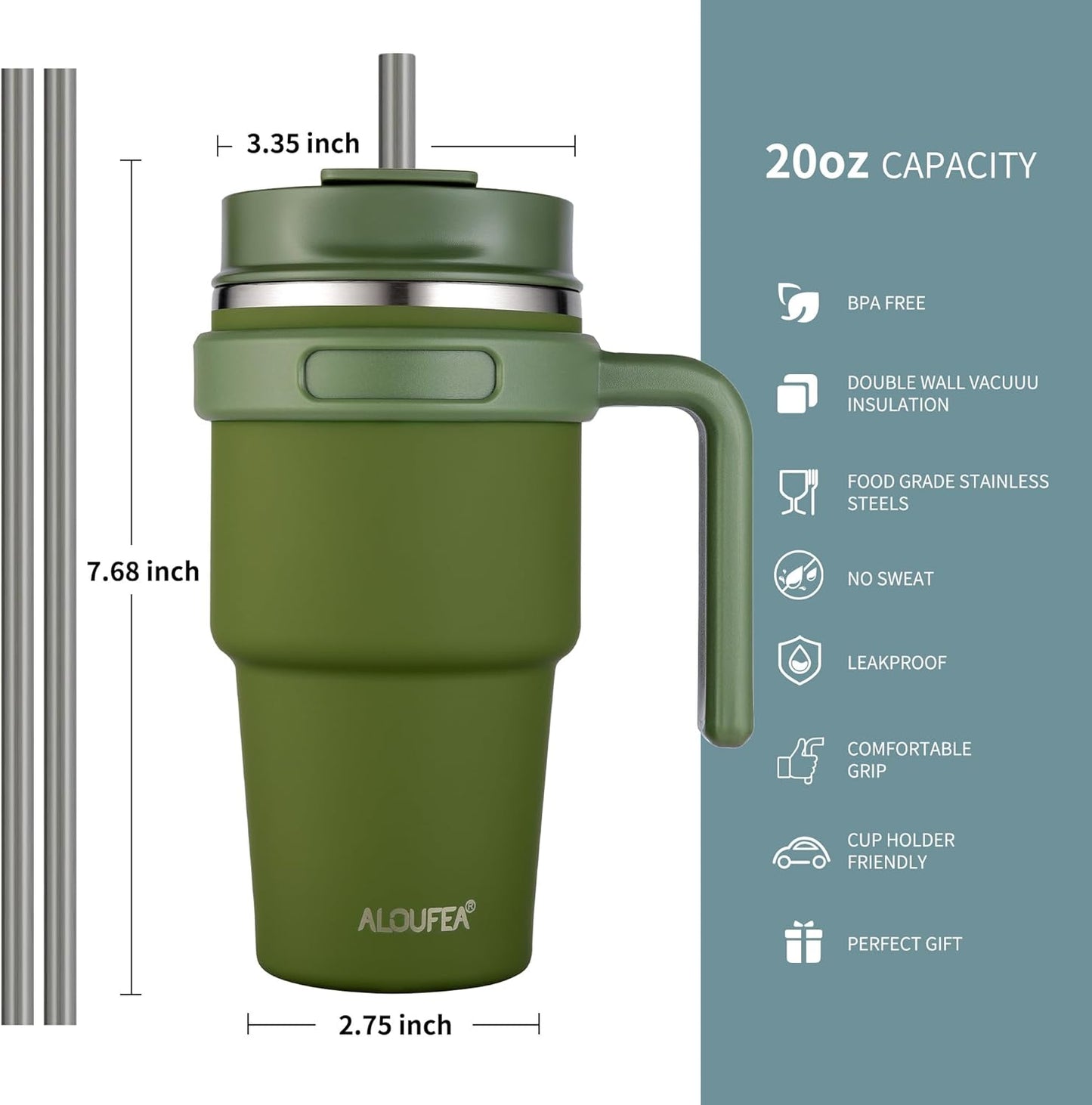 20 oz Insulated Coffee Mug Tumbler with Handle, Stainless Steel Travel Mug Tumbler with Lid and Straw,Double Wall Vacuum Leak Proof Ice Coffee Thermal Cup, Black