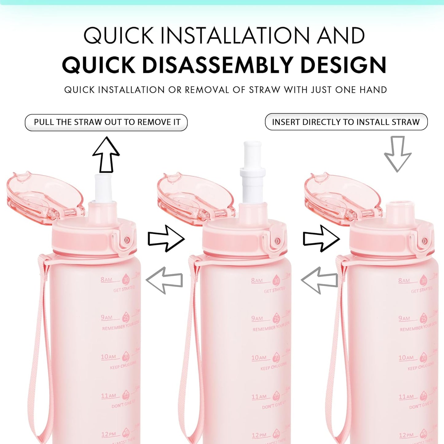 32oz Water Bottle with Time Marker, Motivational Drinking Bottle with Strap, BPA-Free Leak-Proof, Encouraging Water Bottle Time to Drink Water for Gym School Office Travel