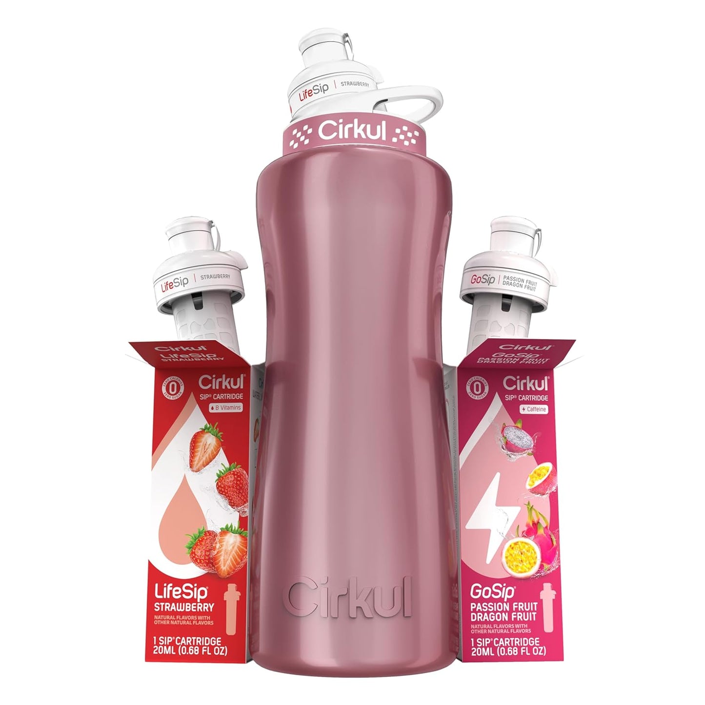 Cirkul 32oz. Chameleon Stainless Steel Water Bottle Starter Kit with Green Lid, 2 Flavor Cartridges (1 LifeSip Blackberry Blueberry, 1 GoSip Berry Blue Punch) No Sugar, Zero Calorie Drink Mix