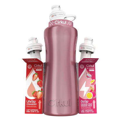 Cirkul 32oz. Chameleon Stainless Steel Water Bottle Starter Kit with Green Lid, 2 Flavor Cartridges (1 LifeSip Blackberry Blueberry, 1 GoSip Berry Blue Punch) No Sugar, Zero Calorie Drink Mix