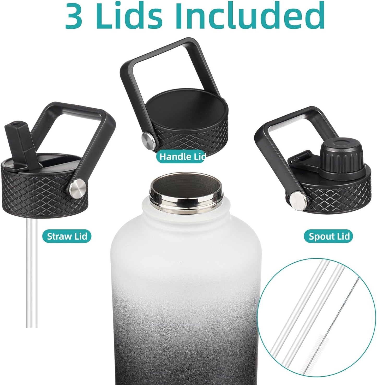Konokyo 22oz Stainless Steel Bottles with 3 Lids Sport Insulated Water Bottle,Mint