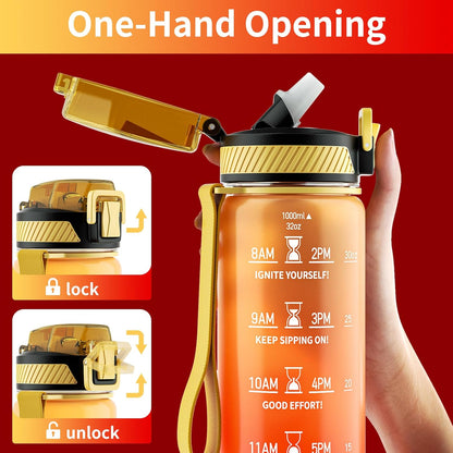 QLUR Water Bottle with Straw, 32oz Motivational Water Bottles with Time Marker to Drink, Tritan BPA Free, 1L Sports Water Bottle with Carry Strap LeakProof for Women Gym Fitness Outdoor (1 Pack)