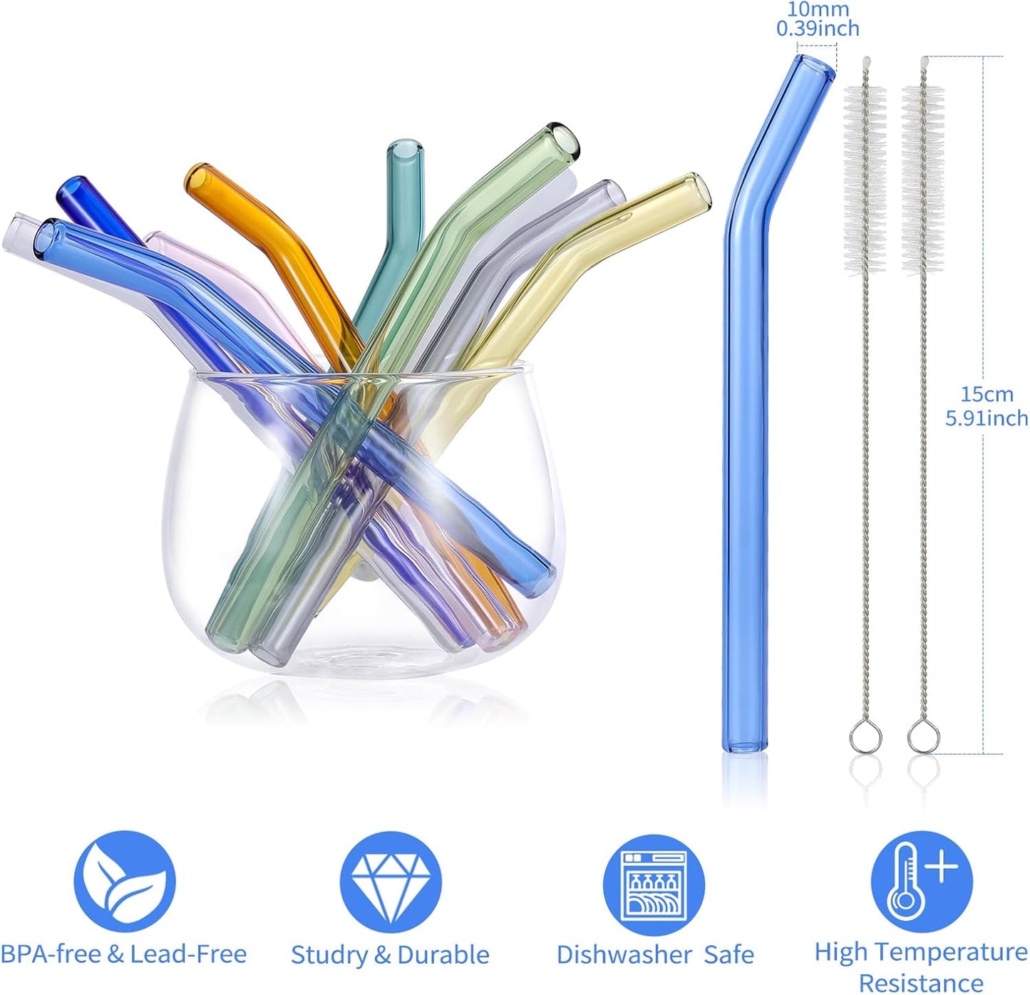 10 Pcs Reusable Bent Short Glass Straws,6''x8 mm Colorful Glass Straws Shatter Resistant with 2 Cleaner Brush for Short Tumblers,Whiskey&Cocktail Glasses Cups,Coffee Mugs