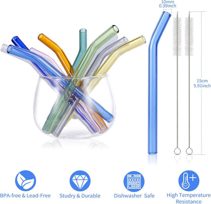 10 Pcs Reusable Bent Short Glass Straws,6''x8 mm Colorful Glass Straws Shatter Resistant with 2 Cleaner Brush for Short Tumblers,Whiskey&Cocktail Glasses Cups,Coffee Mugs