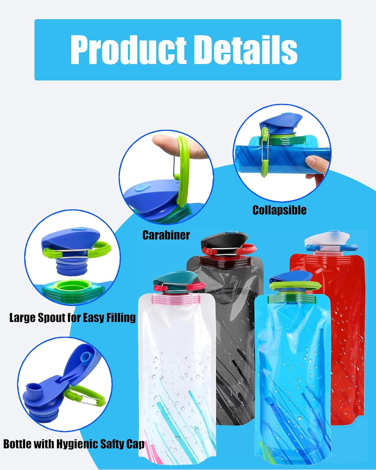 4 Pack Collapsible Water Bottle with Carabiner, 23oz Foldable Reusable BPA-Free Water Bottles with Leakproof Lid for Traveling Hiking Camping Biking