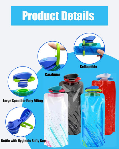 4 Pack Collapsible Water Bottle with Carabiner, 23oz Foldable Reusable BPA-Free Water Bottles with Leakproof Lid for Traveling Hiking Camping Biking
