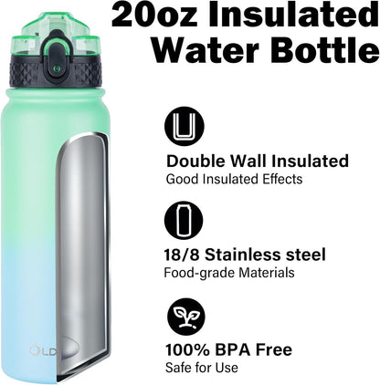 Oldley Insulated Water Bottle 20oz for Adults Kids Stainless Steel Water Bottles with Straw/Chug/Carabiner 3 Lids Fruit Strainer Double Wall Vacuum Wide Mouth BPA Free Leak-Proof for School Travel