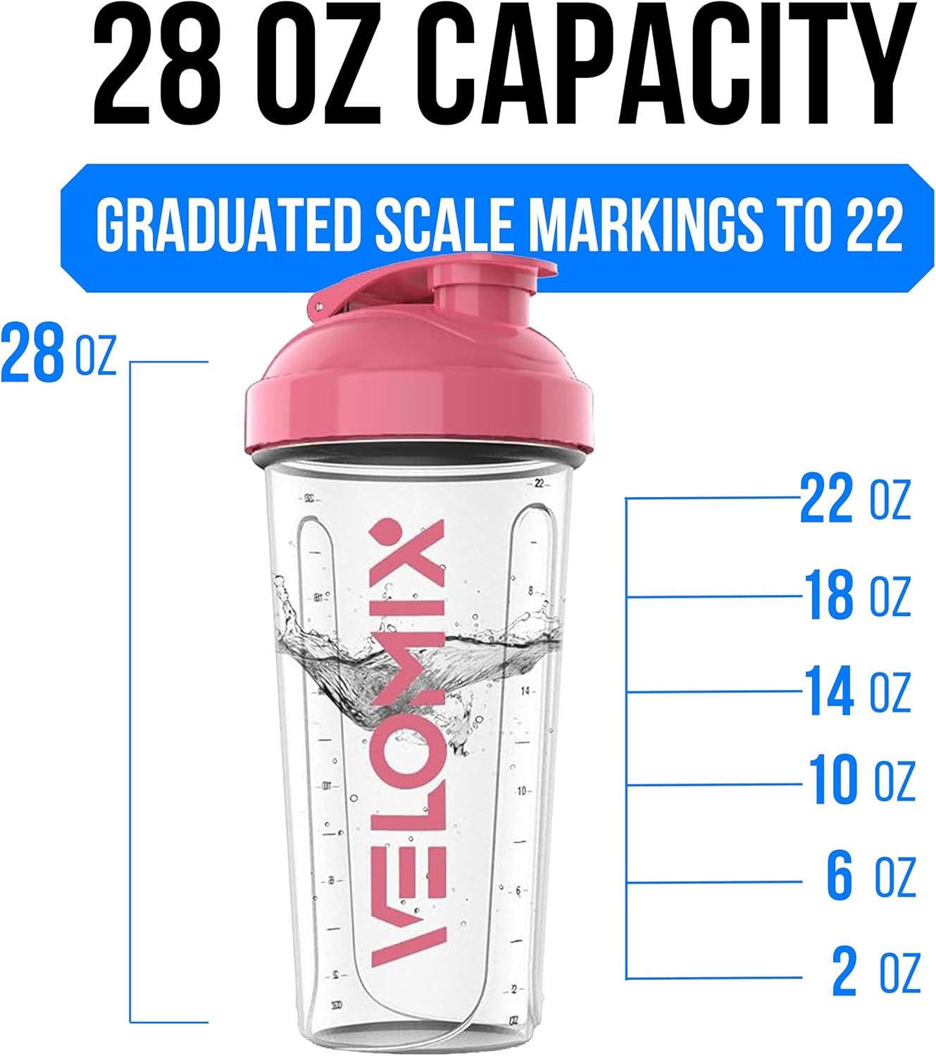 VELOMIX -2 Pack- 28 oz Protein Shaker Bottles for Protein Mixes - 2x Wire Whisk | Leak Proof Shaker Cups for Protein Shakes | Protein Shaker Bottle Pack (Black/Transparent)