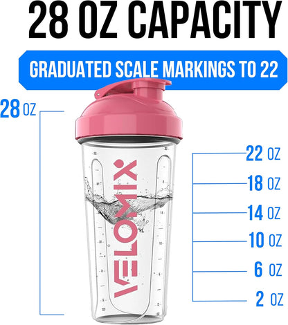 VELOMIX -2 Pack- 28 oz Protein Shaker Bottles for Protein Mixes - 2x Wire Whisk | Leak Proof Shaker Cups for Protein Shakes | Protein Shaker Bottle Pack (Black/Transparent)