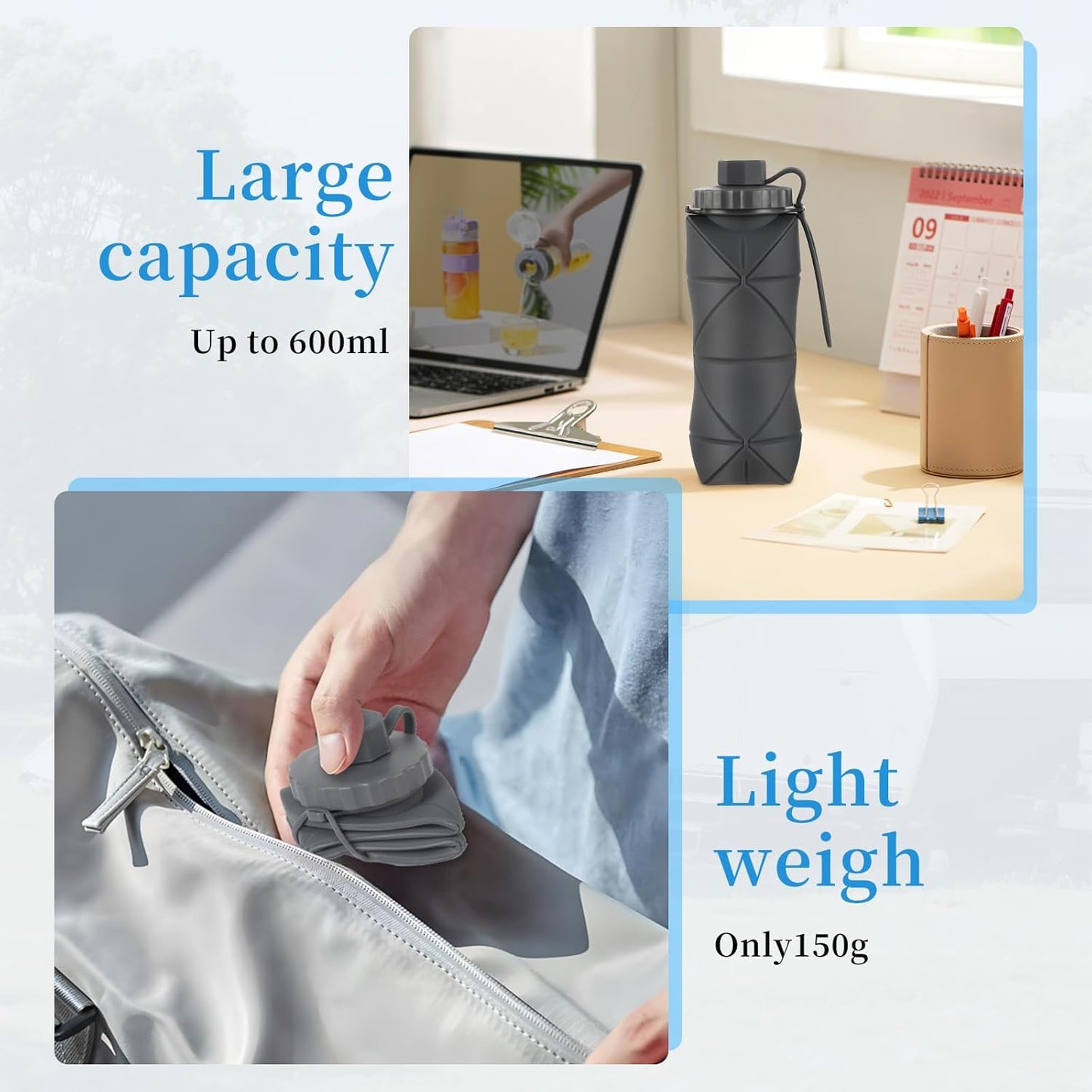YCT Collapsible Water Bottle 17oz（500ml），Travel Portable Sport Water Bottle，Reusable Silicone Foldable Water Bottles for Gym Camping Hiking (Purple+Black)