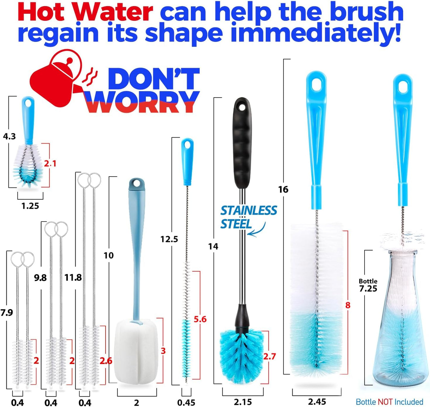 Holikme Bottle Brush Tube Cleaning Lab Set with Long Handle, Cup Cleaner for Washing Narrow Neck Beer Wine Decanter Pipes Lids Sinks Cap Covers, White