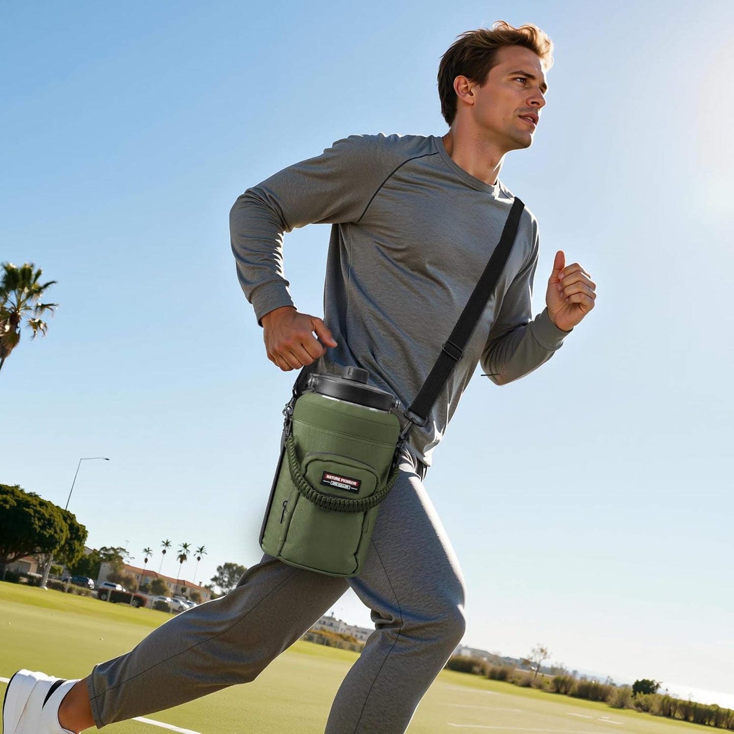 NATURE PIONEOR Water Bottle Holder with Adjustable Strap - Half/One Gallon (64/128oz) Insulated Water Bottle Sling Carrier with Phone Pocket & Paracord Handle, Outdoor Camping, Hiking, Gym