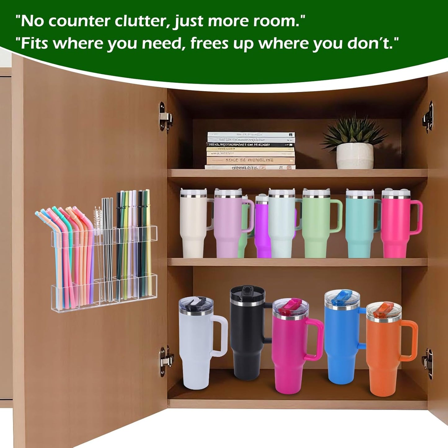 9.5” Large Acrylic Straw Holder for Cabinet Door - Ultra Sticky Adhesive Squares, Reusable Adjustable Organizer for Straws, Fits Kitchen Counter, Cupboard, Storage Dispenser（Transparent） (1 PACK)