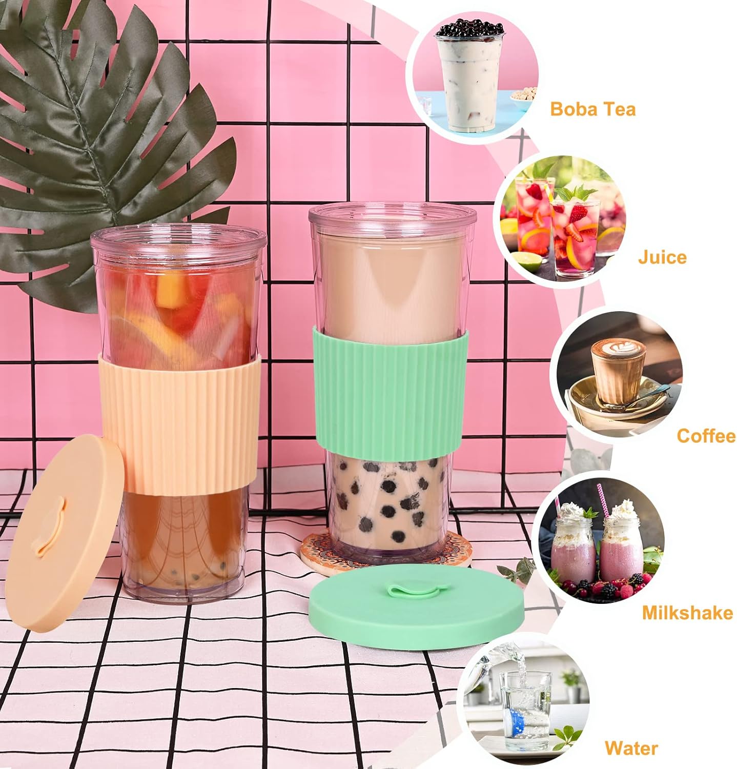 2 Pack Reusable Boba Tea Cups, 24oz Iced Coffee Cup with Straw and Lid, Leakproof Clear Plastic Cups Tumbler, Double Wall Insulated Smoothie Tumbler, Wide Straw for Bubble Tea, Black and White
