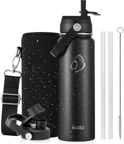 BUZIO 40oz Insulated Water Bottle, Triple Wall Vacuum Stainless Steel Water Flask with 2 lids, Lead-Free BPA-Free Straw Lid Sports Canteen Jug, Cold 48H & Hot 24H- Black - Colors A