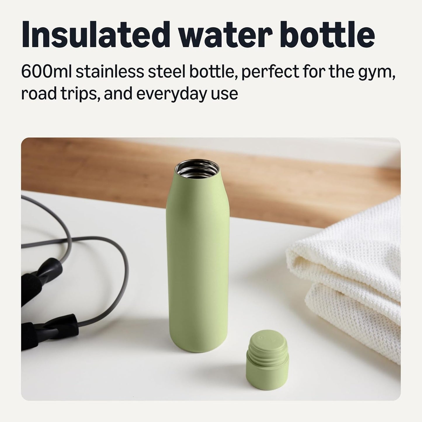 Amazon Basics Insulated Stainless Steel Water Bottle, Leak-Proof, Double-Wall, 20 oz., BPA-Free, Linen Gray