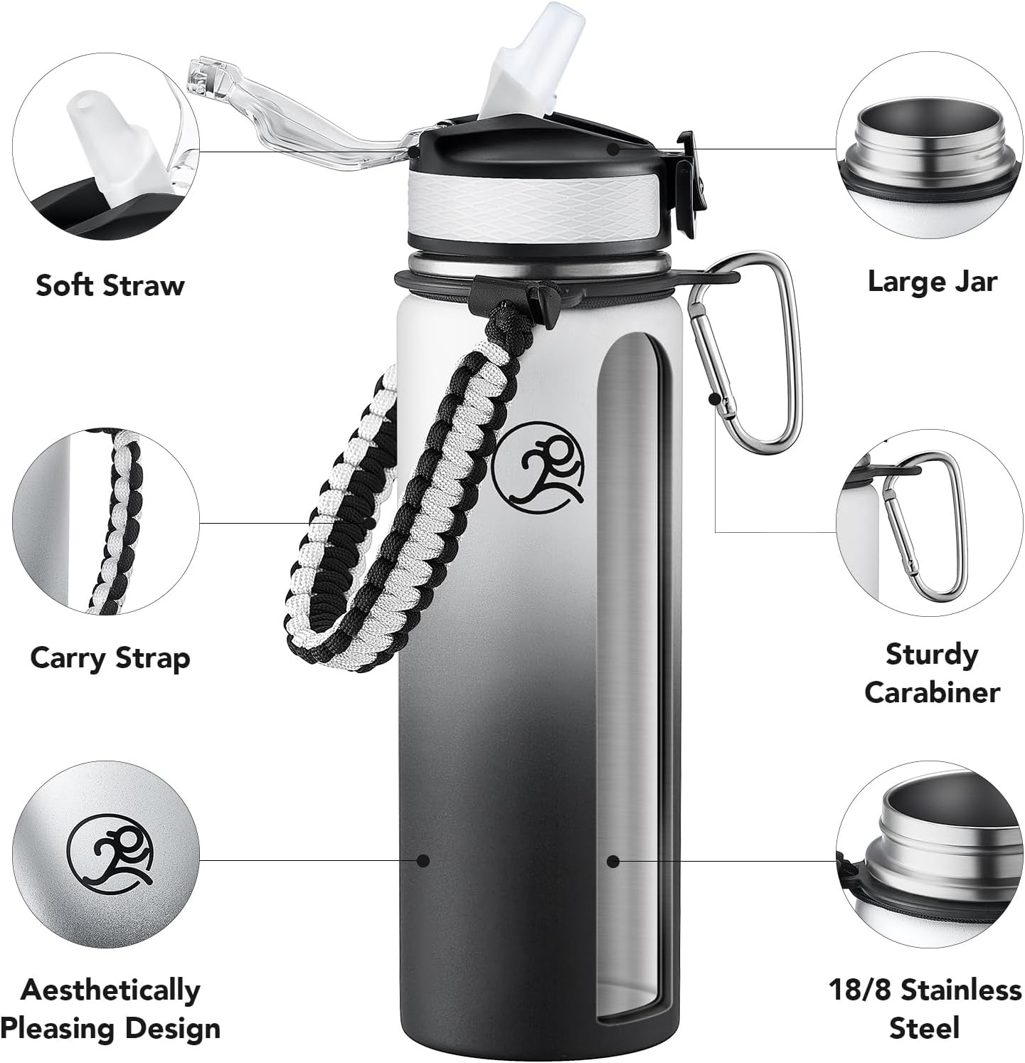 GOSWAG Insulated Sports Water Bottle, 24oz 2 Lids(with Straw/No Straw), Stainless Steel Water Bottles with Paracord Handle, Insulated Bottle with Double-Wall Vacuum Insulation